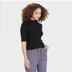 Elbow Sleeve Mock Turtleneck T Shirt Top